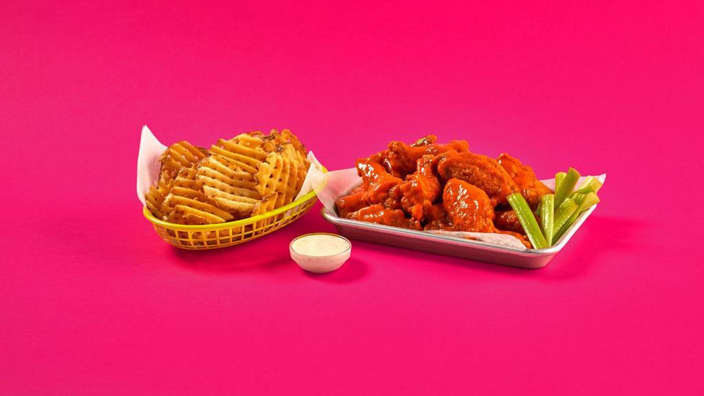 15 Pc. Meal For Two · 15 Classic Bone-in or Boneless wings with choice of 2 flavors, regular fries and 2 dips.