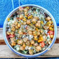 Quinoa Side Salad · Dill-tahini quinoa, tomato, cucumber, feta, roasted corn, marinated garbanzos and lemon-herb...