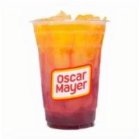 Sunrise Refresher · a blend of orange juice, cherry juice and vanilla syrup, topped with lemon lime soda (add gr...