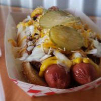 Double Dog Dare · 1 open-faced sesame bun, 2 - 1/4 lb hot dogs, mustard, onions, double chili, cheese and pick...