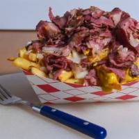Pastrami Fries · 1 lb Crispy baked fries, pastrami, onions, cheese, and mustard. Add on options available.