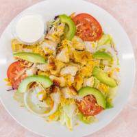 Grilled Chicken Salad · Lettuce, onion, tomato, avocado, cheese, and 2 grilled chicken breasts.