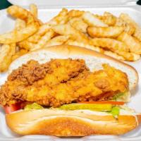 Fried Or Grilled Chicken · Lettuce, tomatoes, pickles, mayo and mustard. Add cheese for an additional charge served wit...