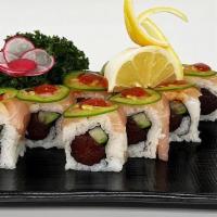 Yellowtail Delight Roll · In: spicy tuna out: yellowtail, jalapeño.