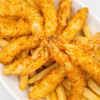 Fried Shrimp · Deep fried shrimp with a side of fries.