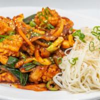 Spicy Squid · Spicy stir-fried squid with vegetables and noodles.