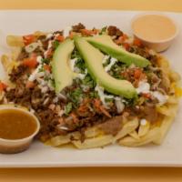 Asada Fries · Crispy fries with nacho cheese, beans, Monterey cheese, Pico de gallo, fresh guacamole, and ...