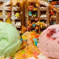 Fruity Pebbles Ice Cream Sandwich · Waffle topped with 2 scoops of ice cream, fruity pebbles, strawberry, chocolate syrup, and w...