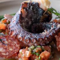 Crispy Octopus · papas bravas, tomato relish with salsa verde