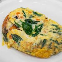 Mediterranean Omelette With Cheese · Fresh spinach, tomatoes, onions, oregano, Kalamata olives and gourmet feta cheese.