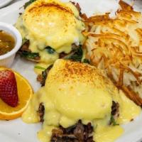 Venice Benedict · English muffin topped with sautéed spinach, mushrooms, bits of our crisp bacon, and poached ...