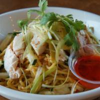 Ma Jiang Chicken Noodle · Taiwanese style sesame noodle, organic hainan chicken, cucumber, scallion, house-made ma jia...