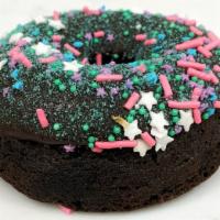 Gluten Free Chocolate Cake · Wheat-less chocolate cake with chocolate ganache and colored sprinkles.