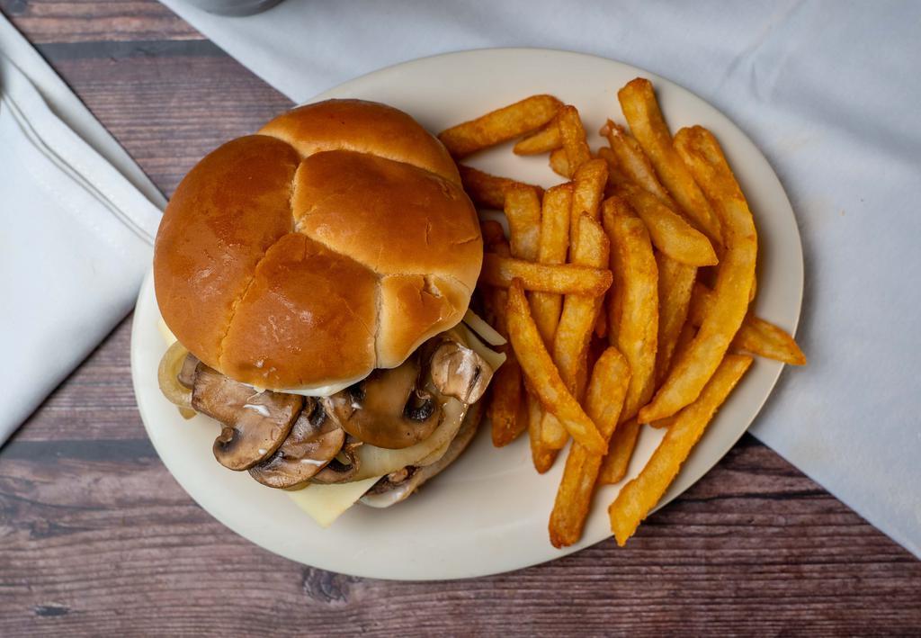Swiss Mushroom Burger · Swiss cheese, grilled mushrooms, grilled onions and mayonnaise. Made with fresh 100% certified angus beef and served with choice of side.