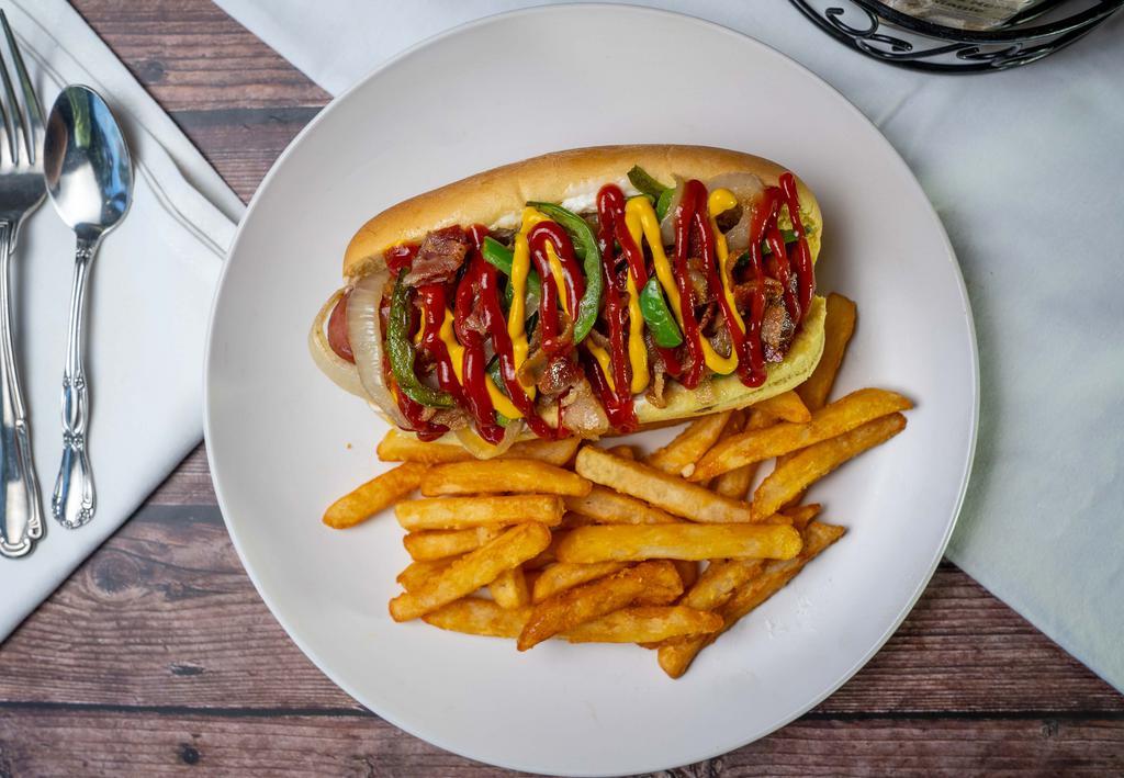The Original Hot Dog · All-beef frank served with choice of ketchup, mustard, relish and onion. Served with choice of side. 590-850 Cal.