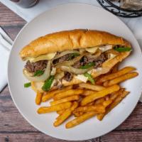 Philly Cheesesteak · Thinly sliced sirloin steak, grilled to perfection, mixed with grilled onion and green peppe...