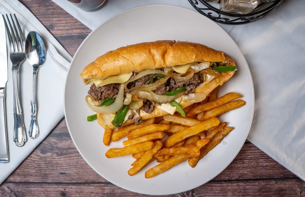 Philly Cheesesteak · Thinly sliced sirloin steak, grilled to perfection, mixed with grilled onion and green peppers, topped with provolone cheese. Served on a hearth baked roll. Served with choice of side.