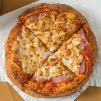 Two Hawaiian Pizzas · Includes cheese, ham, and pineapple.