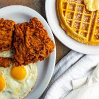 Chicken & Waffle · Three pieces fried chicken.
With two eggs