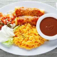 Enchiladas De Queso · STUFFED CORN TORTILLA  WITH CHEESE AND RED SAUCE, SERVED WITH RICE, REFRIED BEANS, PICO DE G...