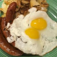 Portuguese Sausage & Eggs (2) · Portuguese sausage with 2 eggs any style; Served with your choice of side and toast.  Add  S...