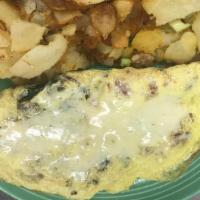 Popeye Omelet · Spinach, bacon, onions, mushrooms, and jack cheese. Prepared with three eggs. Served with yo...
