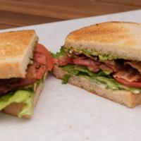 L.T. & Avocado · Stack of smoked bacon, avocado mash, green leaf lettuce, sliced tomato, mayo on toasted sour...