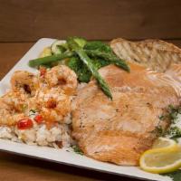 Salmon & Shrimp · Grilled fresh salmon fillet, sautéed shrimp, cilantro lime vinaigrette, risotto, vegetables,...
