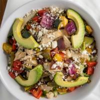 Chicken Chow · Chicken breast, grilled veggies, feta, avocado, tomato and cucumber on a bed of greens with ...