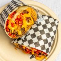 Flamin Burrito · Choice of meat, rice, beans, onion, cilantro, salsa, hot cheetos and cheese.