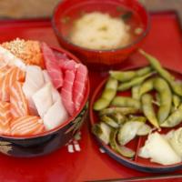 Sushi Gozen · Nigiri Sushi 5pc, 4pc of California, 4pc of Spicy Tuna, Cucumber Sunomono, Miso, and Edamame.