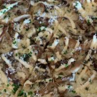 The Fun-Guy Pizza (Truffle Mushroom) · Garlic truffle aioli, mozzarella, aged white cheddar, roasted oyster mushrooms, caramelized ...