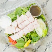 Turkey & Cheese · Turkey and Provolone cheese, Mixed greens, Cucumbers, Tomatoes, Pepperoncinis,  1 - Oil & vi...