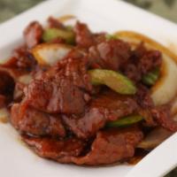 Mongolian Beef · Beef, celery and onions in a blend of hoisin and garlic sauce. Served with white rice or bro...