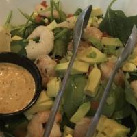 Avocado Shrimp · chilled shrimp, baby spinach, avocado, egg, tomatoes, cucumbers, remoulade dressing.