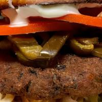 Dope Vegan Burger · Black Bean Patty, Avocado, Heirloom Tomato, Caramelized Onion, Roasted Poblanos And Pickled ...