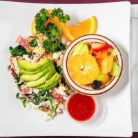 The Healthy Scrambler · Mushrooms, spinach, turkey bacon, avocado, feta cheese, with side of fruit and choice of bre...