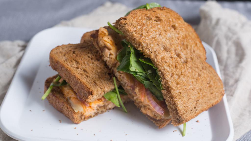 Salmon Sandwich* · Salmon, red onion, spinach, tomato, pomegranate, provolone cheese, and house spread on whole grain.