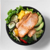 Salmon Bowl* · Salmon, mango, avocado, broccoli, bell pepper, onion, zucchini, lettuce and rice.