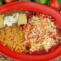 Dos Enchiladas De Pollo · 2 enchiladas de pollo, arroz y frijoles. / Two chicken enchiladas, rice and beans.