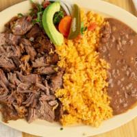 Carnitas Plate · Marinated pork, side of rice and beans.