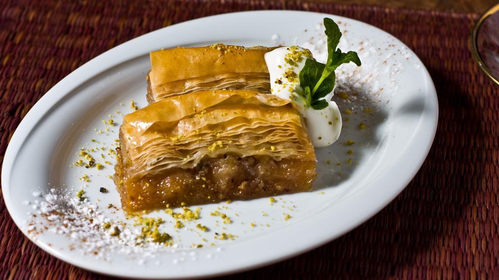 Baklava · House made layered filo dough, with pistachio and house made syrup.