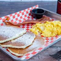 Traditional Cali Breakfast · Fresh eggs, choice of Canadian bacon, sausage patty, or bacon, fluffy pancakes or French toa...