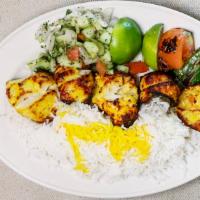 Chicken Breast Kebab · Barbecued boneless and skinless chunks of marinated chicken breast. Served with grilled toma...