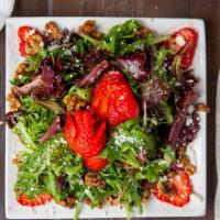 Golden Finch Salad · Gluten-free, vegetarian. Fresh mixed greens tossed with candied walnuts, strawberries, goat ...