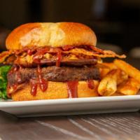 Bbq Burger · Seasoned all-beef patty with smoked gouda cheese, crispy onions, bacon and our Bourbon BBQ s...