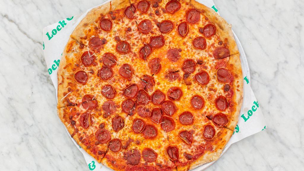 Pepperoni New York Style Pizza · Tomato sauce, mozzarella cheese, fontina, grana padano, oregano, pepperoni.