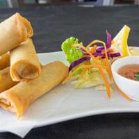 Spring Rolls · Crispy rolls filled with shredded cabbage, celery,carrot, and glass noodle; served with swee...
