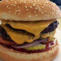  Double Cheese Burger (Regular) · Double meat, double American  cheese, lettuce, tomato, onions, pickle, hefty spread. Halal.