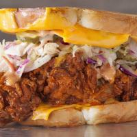 Home Style · Boneless breast, Sauce, cheese, pickles & slaw on toasted bread